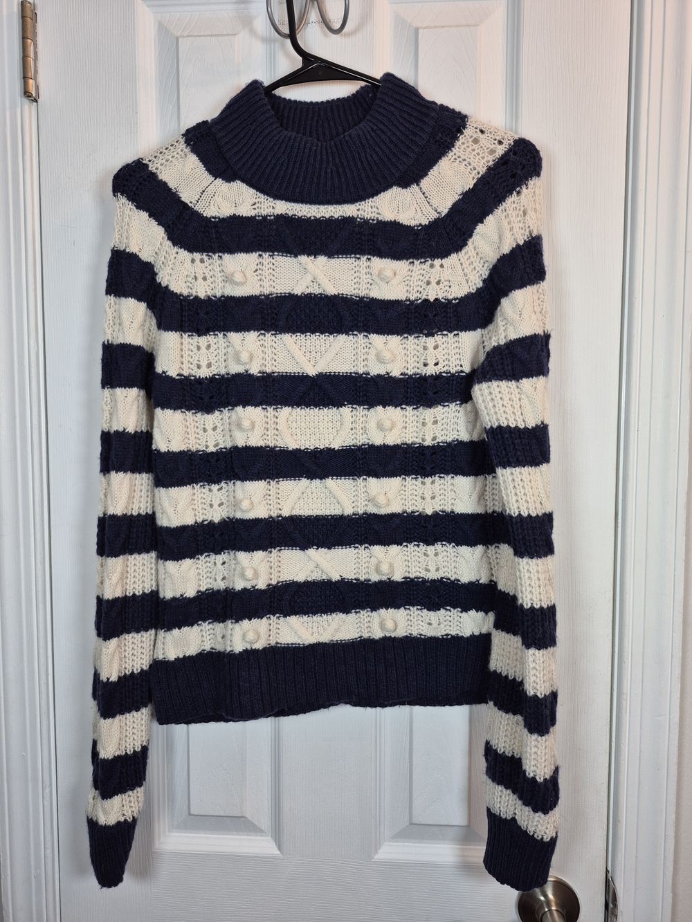 J. Crew Striped Pom Pom Cable Knit Mock Neck Lambswool Blend Sweater Navy XS